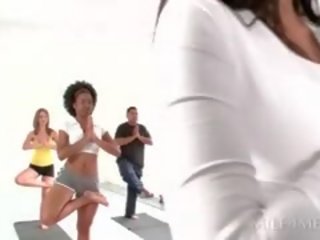 Chesty MILF Seducing stupendous Teen Blonde youngster At A Yoga Class
