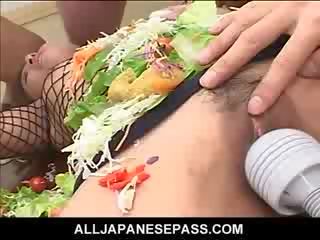 Jap AV doll turned into an edible table for passionate juveniles